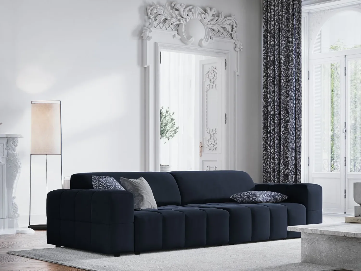 Online CXL by Christian Lacroix - Sofá "Luc" 4 lugares em veludo - 244x102x70cm Azul escuro