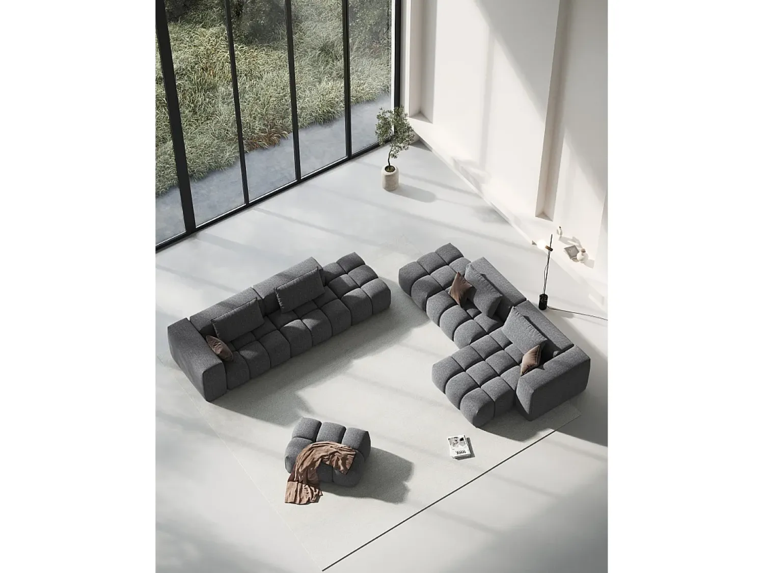 Sofá|CXL by Christian Lacroix - Sofá modular de canto direito "Lorella" 4 lugares em tecido estrutural cinza - 265x145x70cm Cinzento