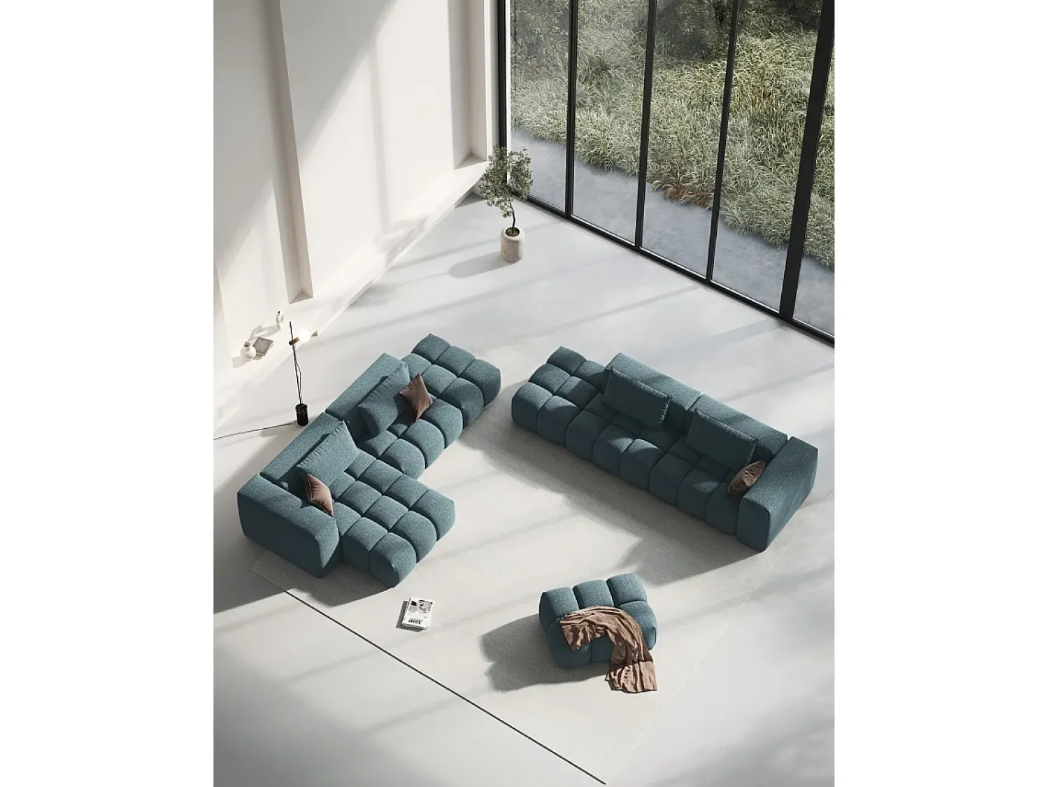 Clearance CXL by Christian Lacroix - Sofá modular virado para a esquerda "Lorella" 3 lugares em tecido estrutural - 265x85x70cm Azul claro