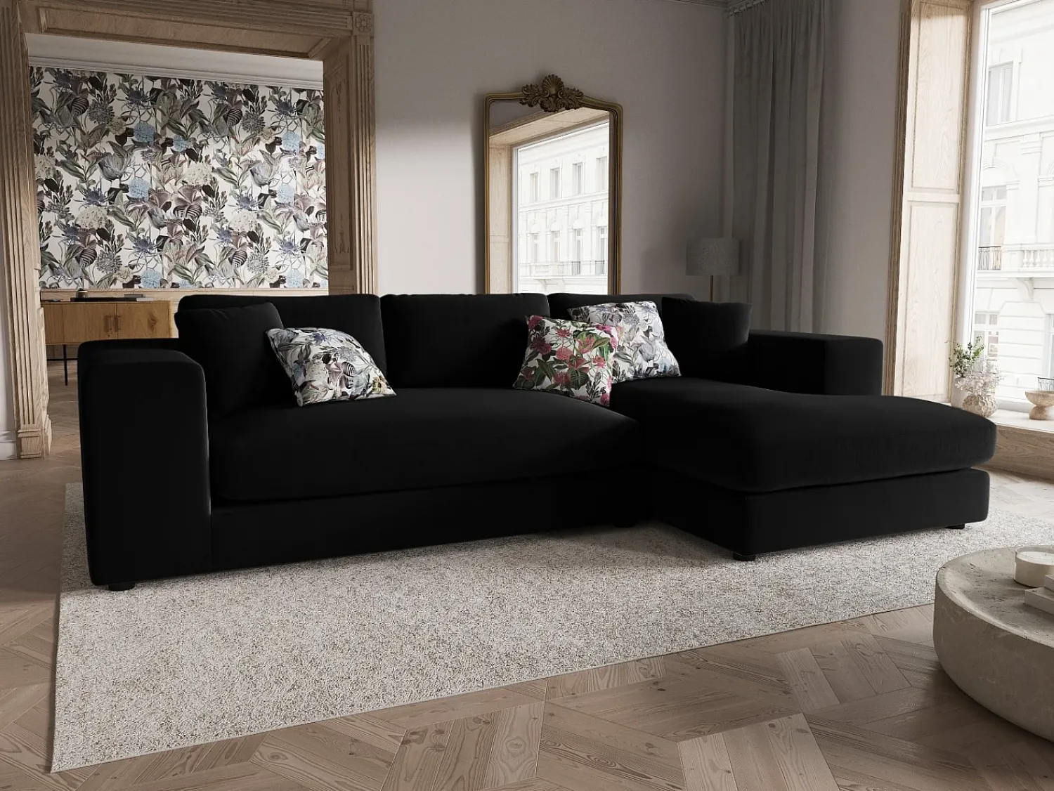 Sofá|CXL by Christian Lacroix - Sofá de canto direito "Tendance" 5 lugares em veludo - 282x174x72cm Preto