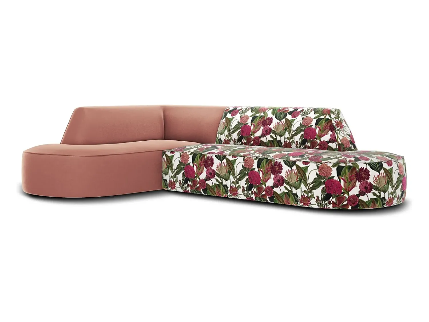 Sofá|CXL by Christian Lacroix - Sofá de canto esquerdo "Charles" 4 lugares em veludo padrão de rosas de jardim, rosa - 273x180x69cm Multicor