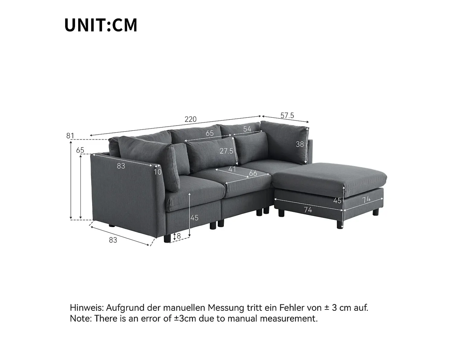 Hot KOMHTOM Design moderno, mobiliário estofado, sofá de 3 lugares, sofá de canto em forma de L com apoio para os pés, Cinzento