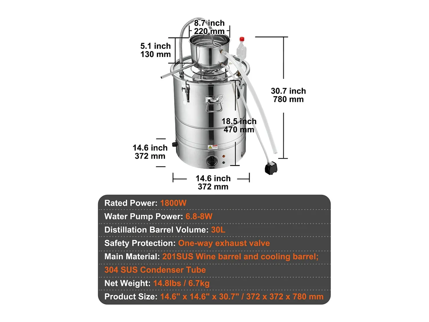Acessório Vinho E Bar| Destilador de Álcool SucceBuy Destilador de Água sem Gás e Álcool de 34 L com Barril Thumper e Bomba de Água