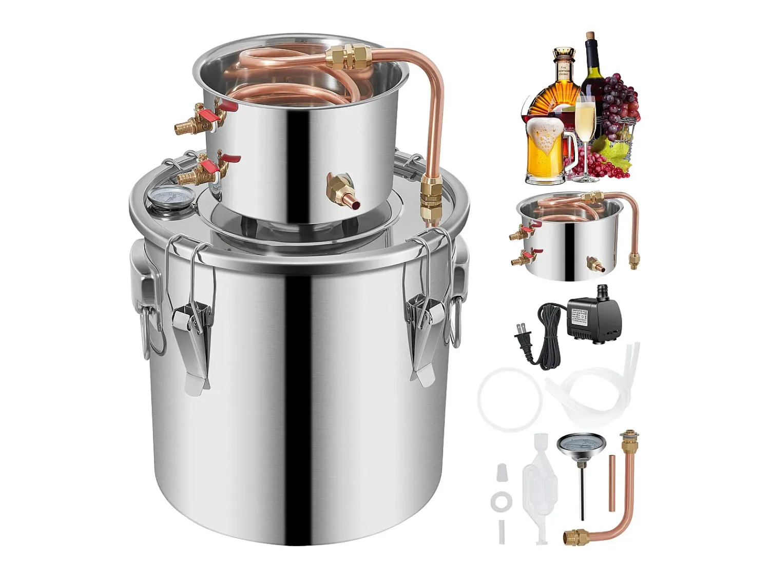 Acessório Vinho E Bar* Destilador de Álcool SucceBuy 12.5 L, Kit Moonshine Still, Destilaria de Whisky com Bomba d'Água Prateado