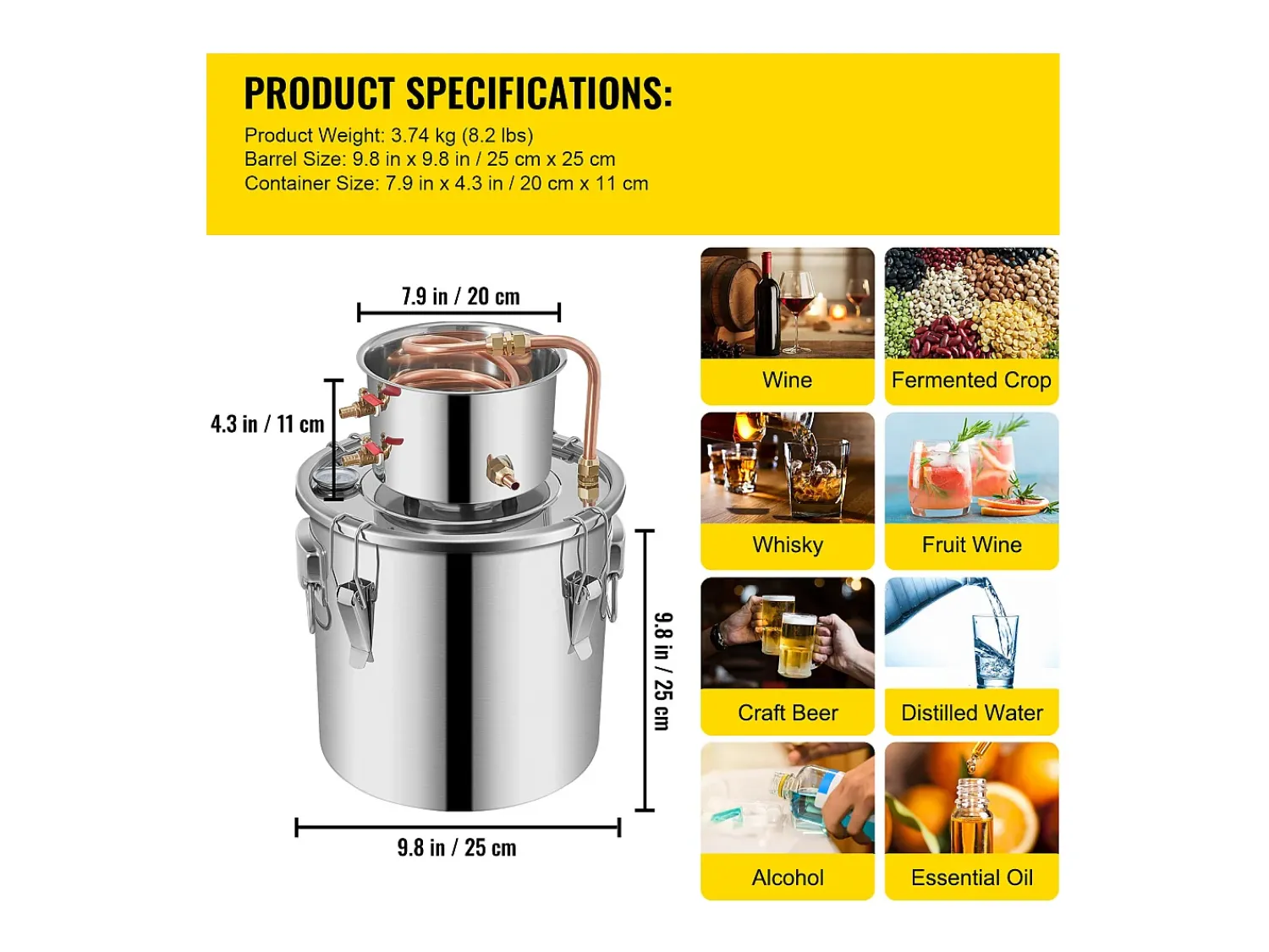Acessório Vinho E Bar* Destilador de Álcool SucceBuy 12.5 L, Kit Moonshine Still, Destilaria de Whisky com Bomba d'Água Prateado