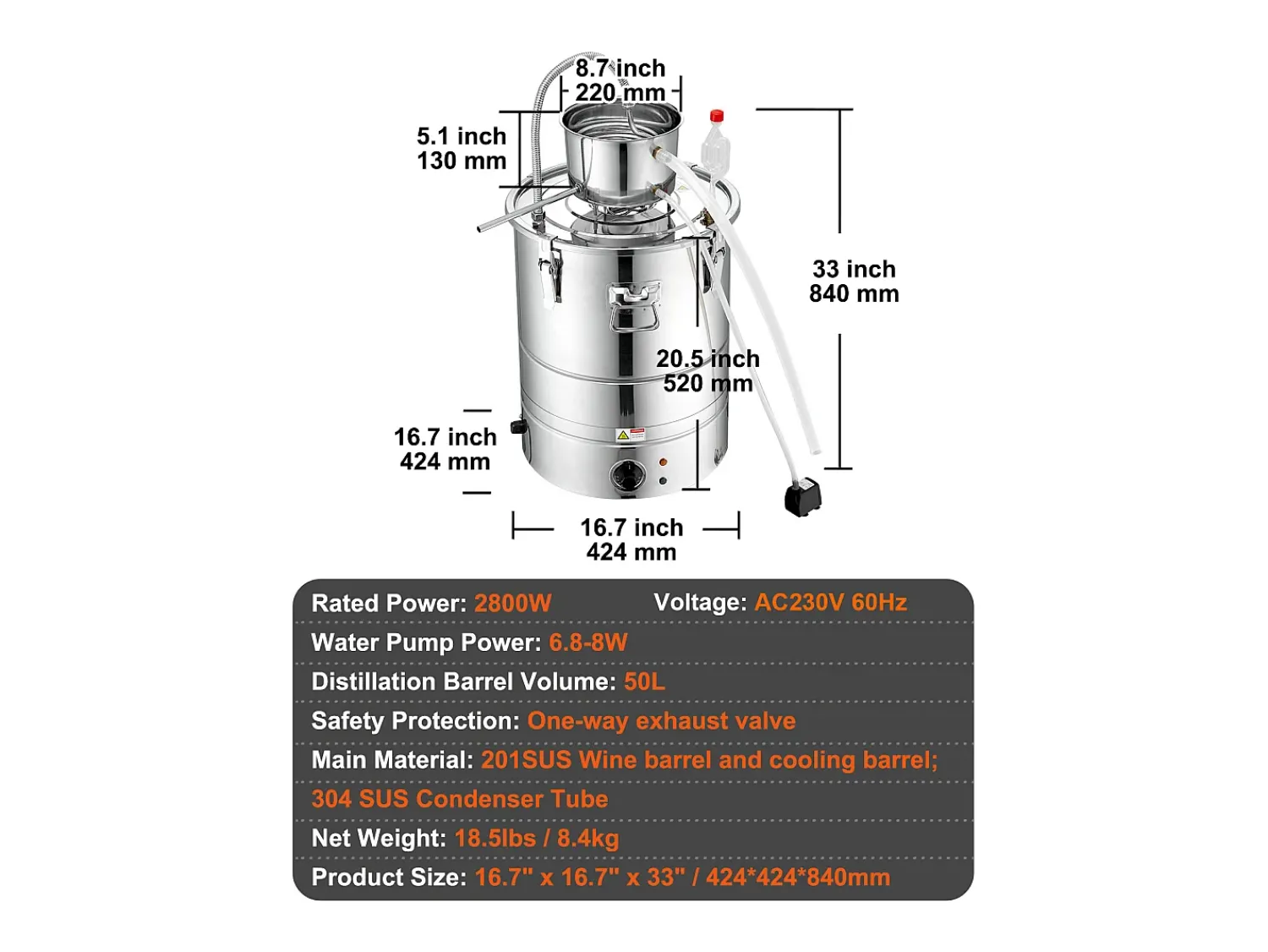 Online Destilador de Álcool SucceBuy, 49 L, com Tanque Thumper e Bomba de Água, Destilação Eficaz para Casa e Artesanato Prateado