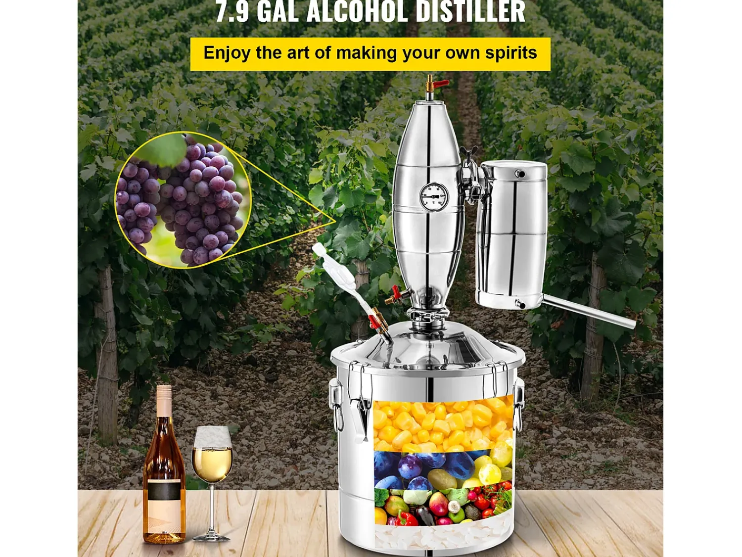 Acessório Vinho E Bar| Destilador de Álcool SucceBuy Alambique 30 L Inox Kit de Fabricação Caseira, Destilador de Moonshine em Aço Inoxidável, Kit de Cerveja Artesanal Caseira Prateado