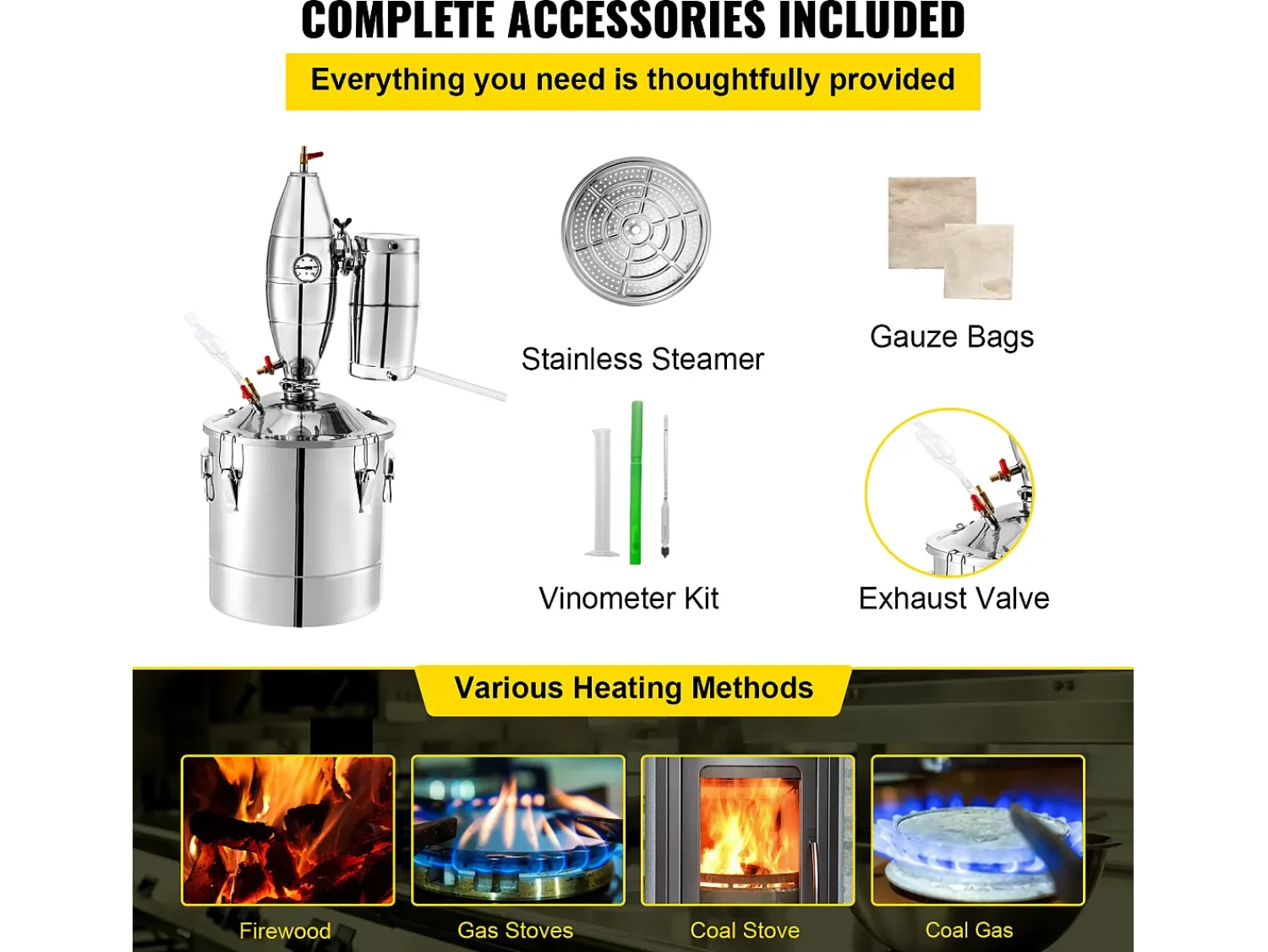 Acessório Vinho E Bar| Destilador de Álcool SucceBuy Alambique 30 L Inox Kit de Fabricação Caseira, Destilador de Moonshine em Aço Inoxidável, Kit de Cerveja Artesanal Caseira Prateado