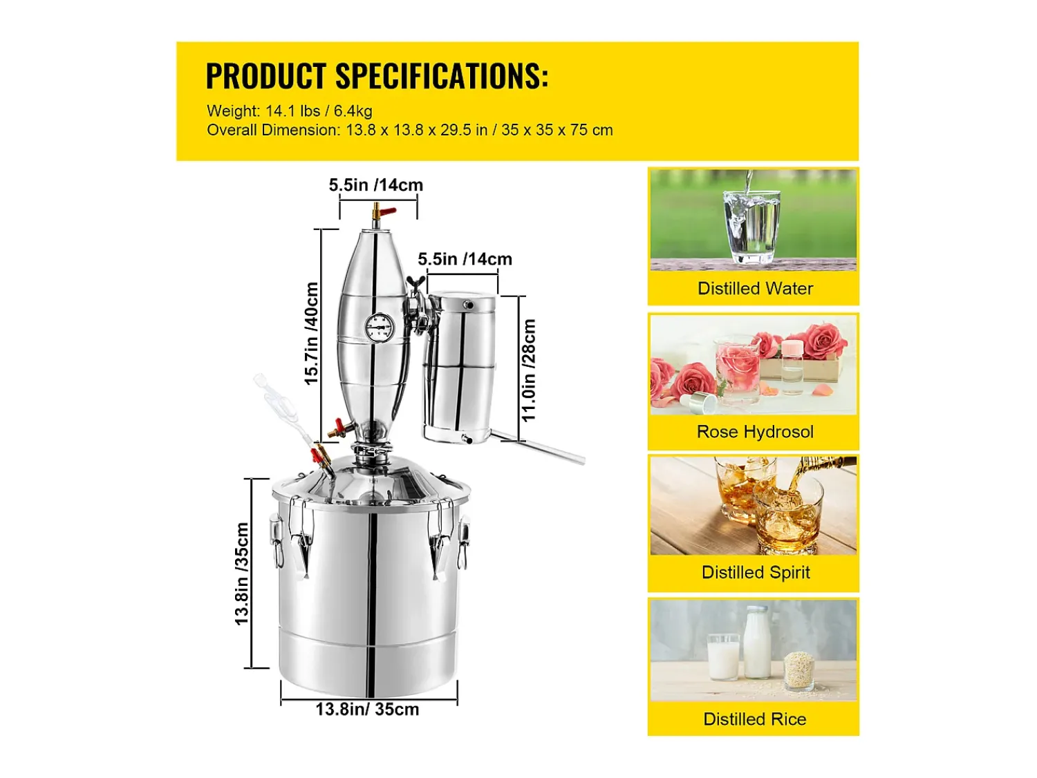 Acessório Vinho E Bar| Destilador de Álcool SucceBuy Alambique 30 L Inox Kit de Fabricação Caseira, Destilador de Moonshine em Aço Inoxidável, Kit de Cerveja Artesanal Caseira Prateado