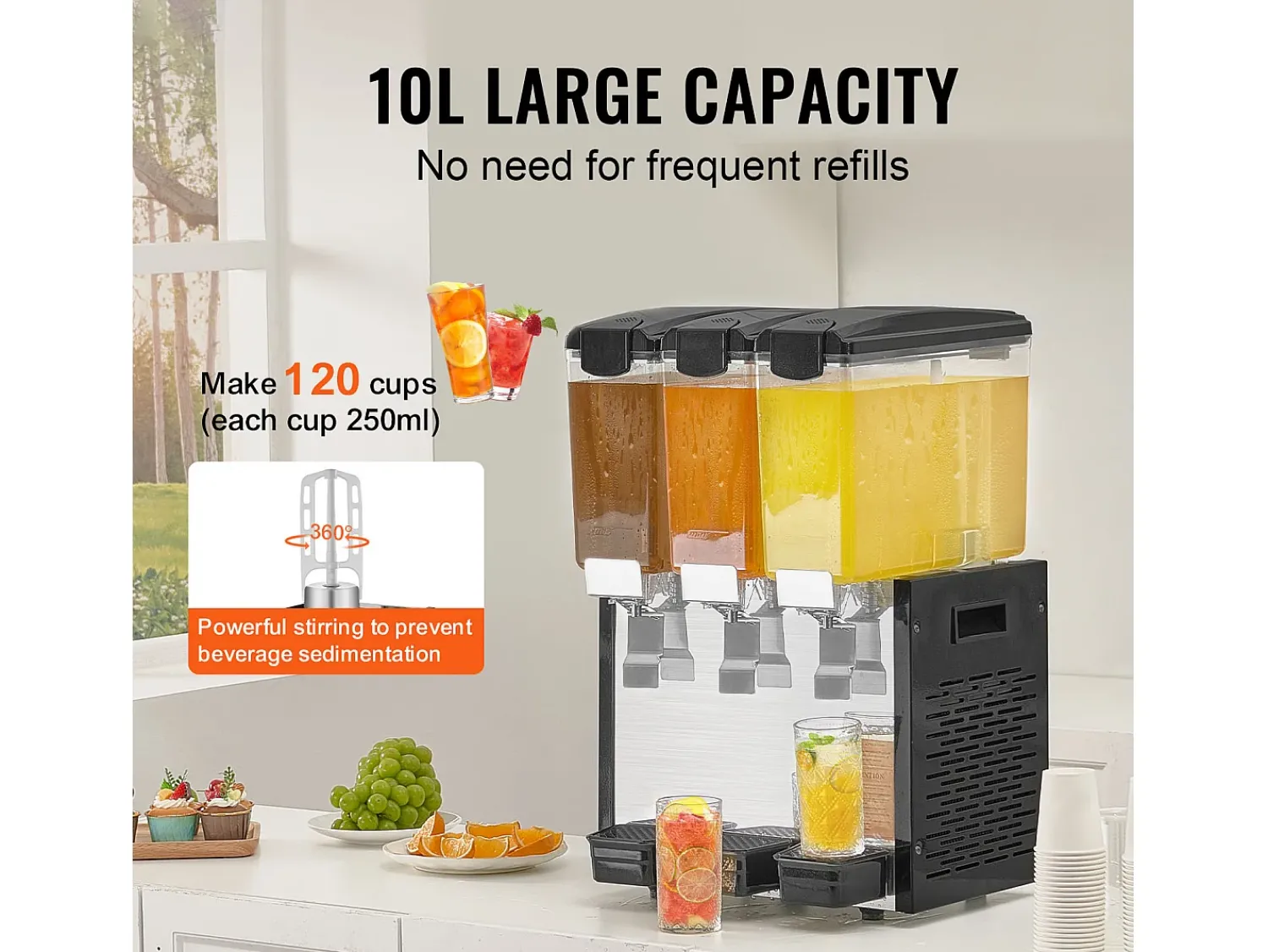 Acessório Vinho E Bar| Distribuidor de Bebidas Comerciais SucceBuy 10 L x 3 Reservatórios Distribuidor de Bebidas Geladas e Sucos Frios