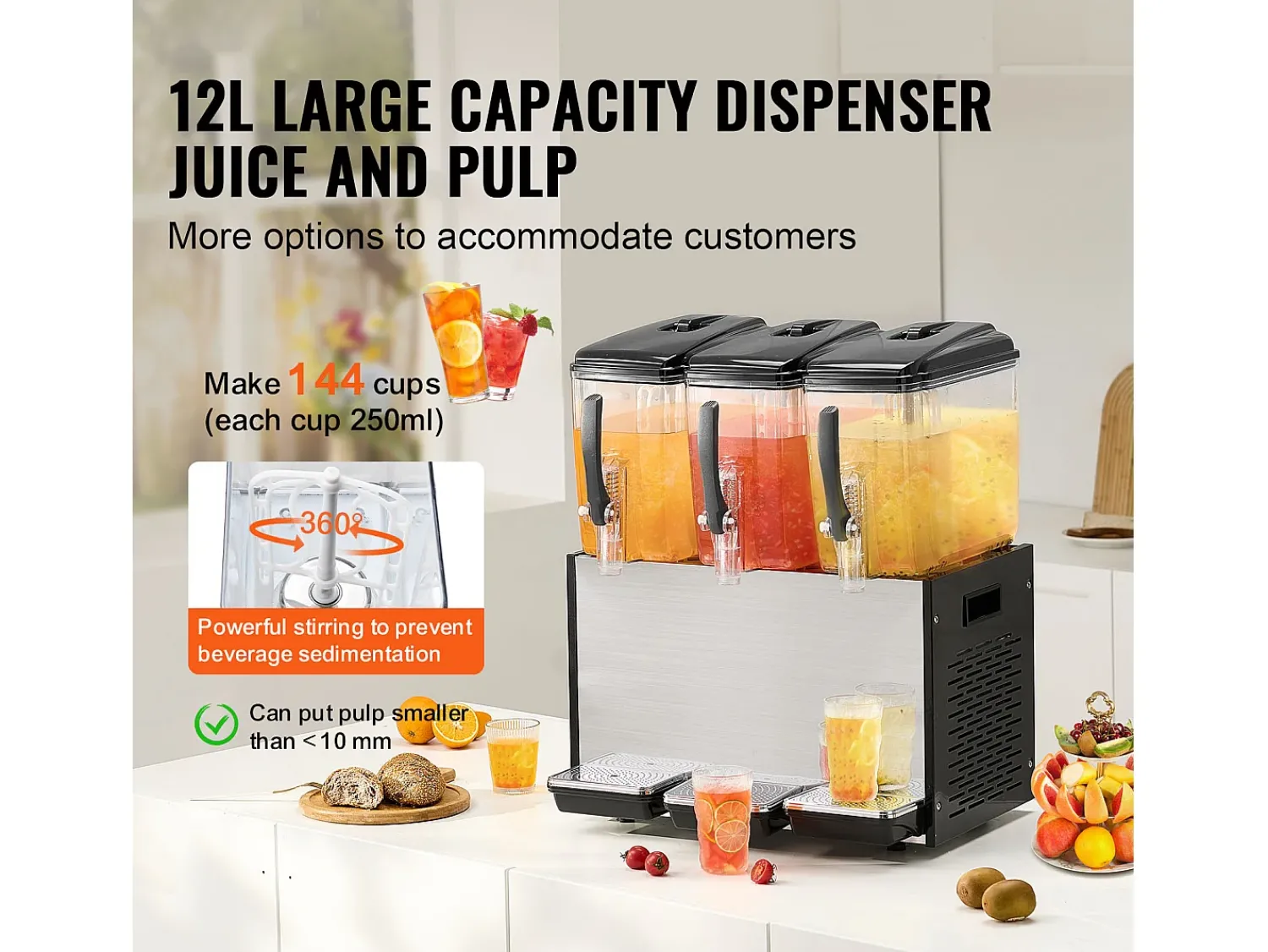 Distribuidor de Bebidas Comerciais SucceBuy 12 L x 3 Reservatórios, Distribuidor de Bebidas Geladas e Sucos Frios^ Acessório Vinho E Bar