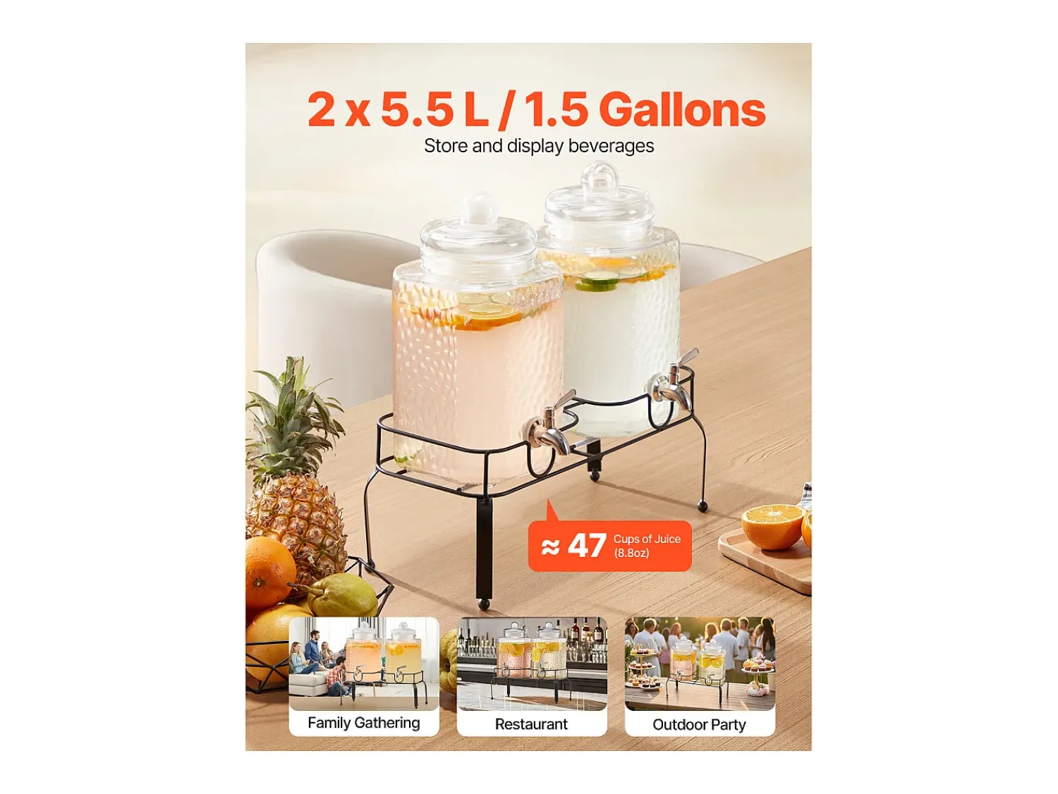 Distribuidor de Bebidas SucceBuy, Grande Capacidade de 5,5 L, 2 Unidades, Fonte de Água em Vidro, Distribuição de Água, Sumo, Limonada, Chá Gelado, para Café^ Acessório Vinho E Bar
