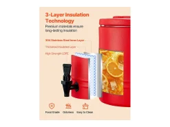 Acessório Vinho E Bar| Distribuidor de Bebidas SucceBuy Isotérmico 11,4 L, Fonte de Água Quente e Fria Não Elétrica com Torneira, Recipiente Isotérmico de Qualidade Alimentar Vermelho
