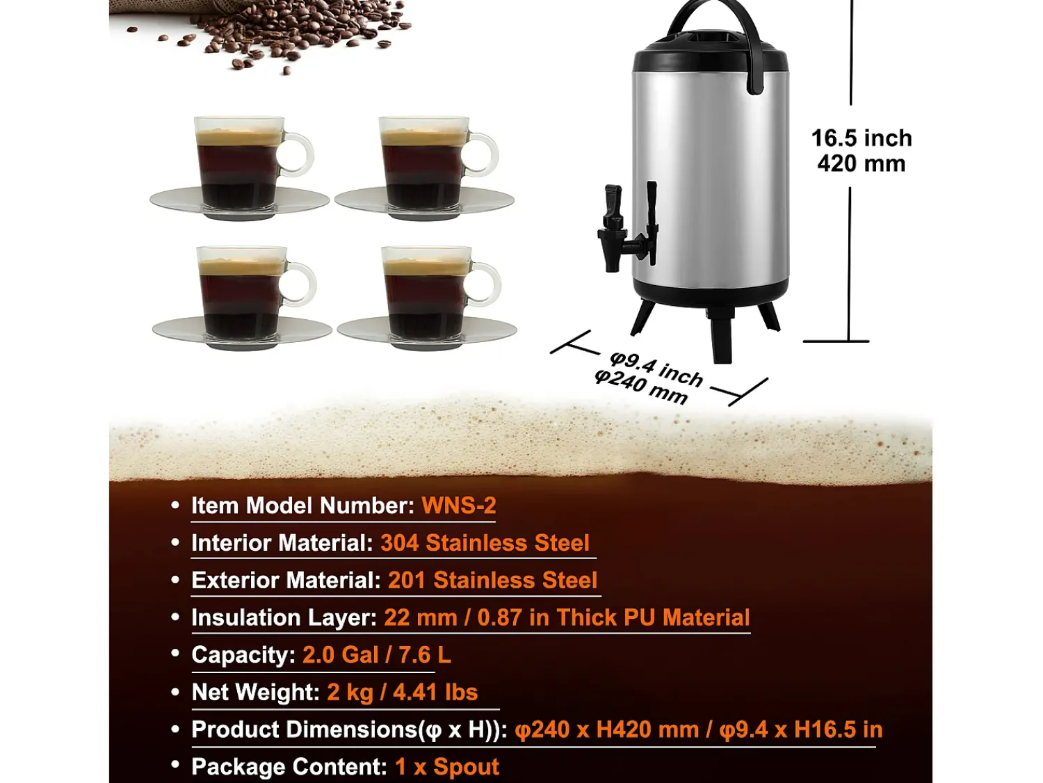 Acessório Vinho E Bar| Distribuidor de Bebidas, SucceBuy 7,6 L Distribuidor de Bebidas Isolado em Aço Inoxidável