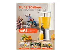 Acessório Vinho E Bar* Distribuidor de Bebidas SucceBuy, Capacidade 8 L, Fonte de Água em Aço Inoxidável e Plástico, Distribuição de Sumo, Limonada, Chá Gelado, Cafés Prateado