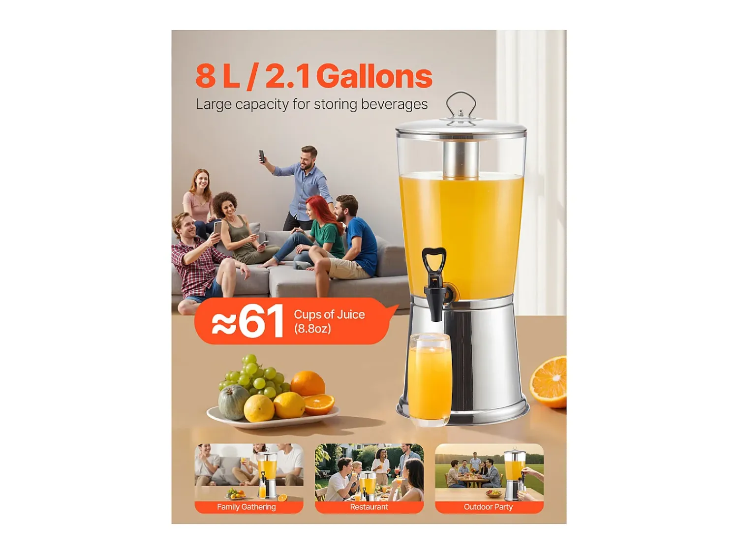 Acessório Vinho E Bar* Distribuidor de Bebidas SucceBuy, Capacidade 8 L, Fonte de Água em Aço Inoxidável e Plástico, Distribuição de Sumo, Limonada, Chá Gelado, Cafés Prateado