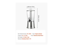 Acessório Vinho E Bar* Distribuidor de Bebidas SucceBuy, Capacidade 8 L, Fonte de Água em Aço Inoxidável e Plástico, Distribuição de Sumo, Limonada, Chá Gelado, Cafés Prateado