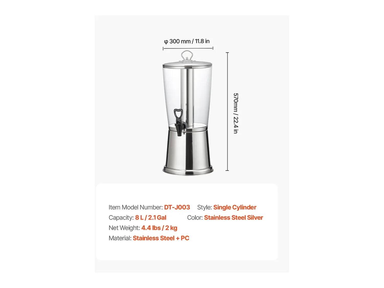 Acessório Vinho E Bar* Distribuidor de Bebidas SucceBuy, Capacidade 8 L, Fonte de Água em Aço Inoxidável e Plástico, Distribuição de Sumo, Limonada, Chá Gelado, Cafés Prateado
