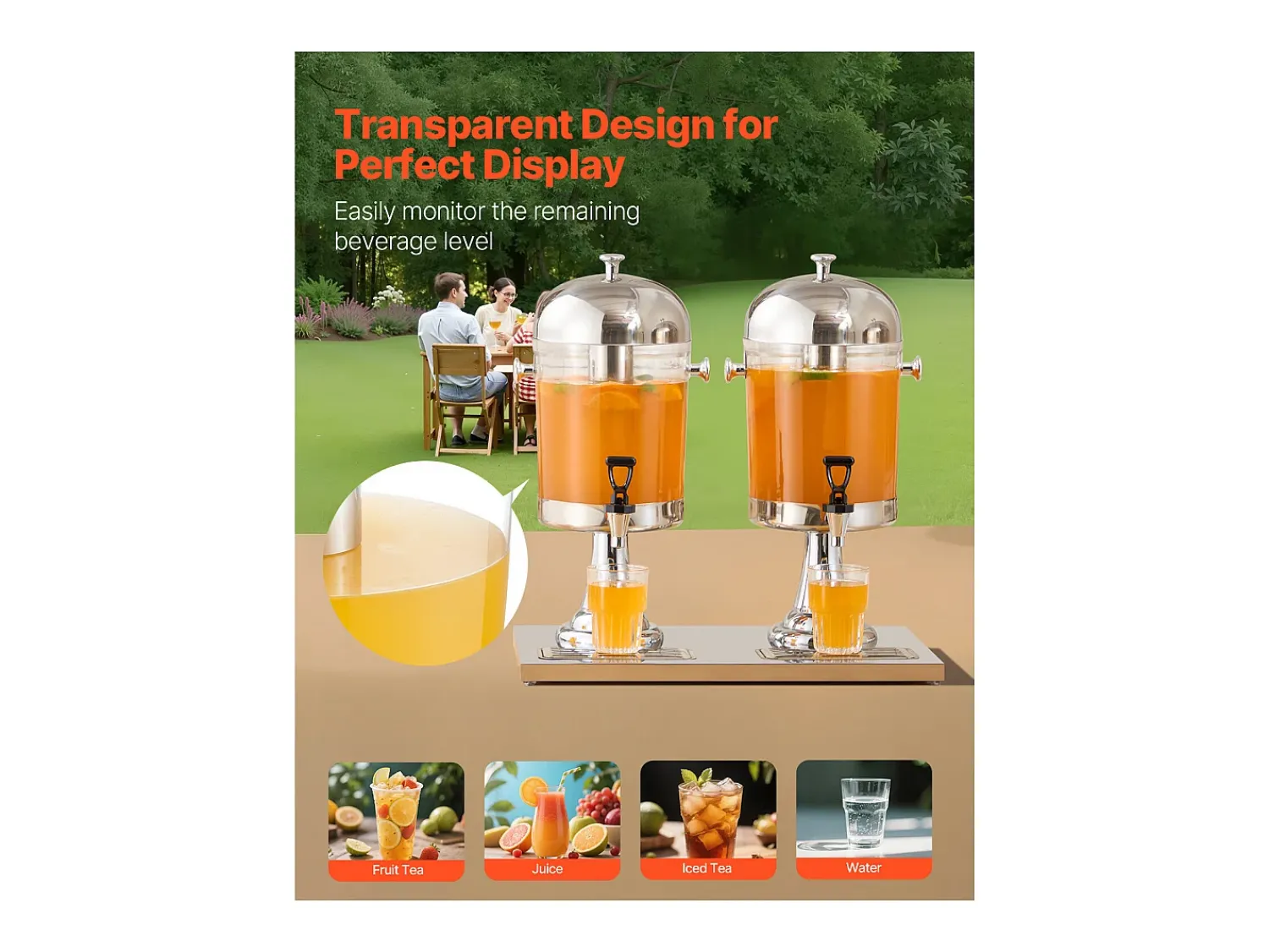 Clearance Distribuidor de Bebidas SucceBuy, Capacidade 2x 8 L, Fonte de Água em Aço Inoxidável e Plástico, Distribuição de Sumo, Limonada, Chá Gelado, Café Prateado