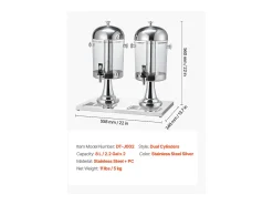 Clearance Distribuidor de Bebidas SucceBuy, Capacidade 2x 8 L, Fonte de Água em Aço Inoxidável e Plástico, Distribuição de Sumo, Limonada, Chá Gelado, Café Prateado