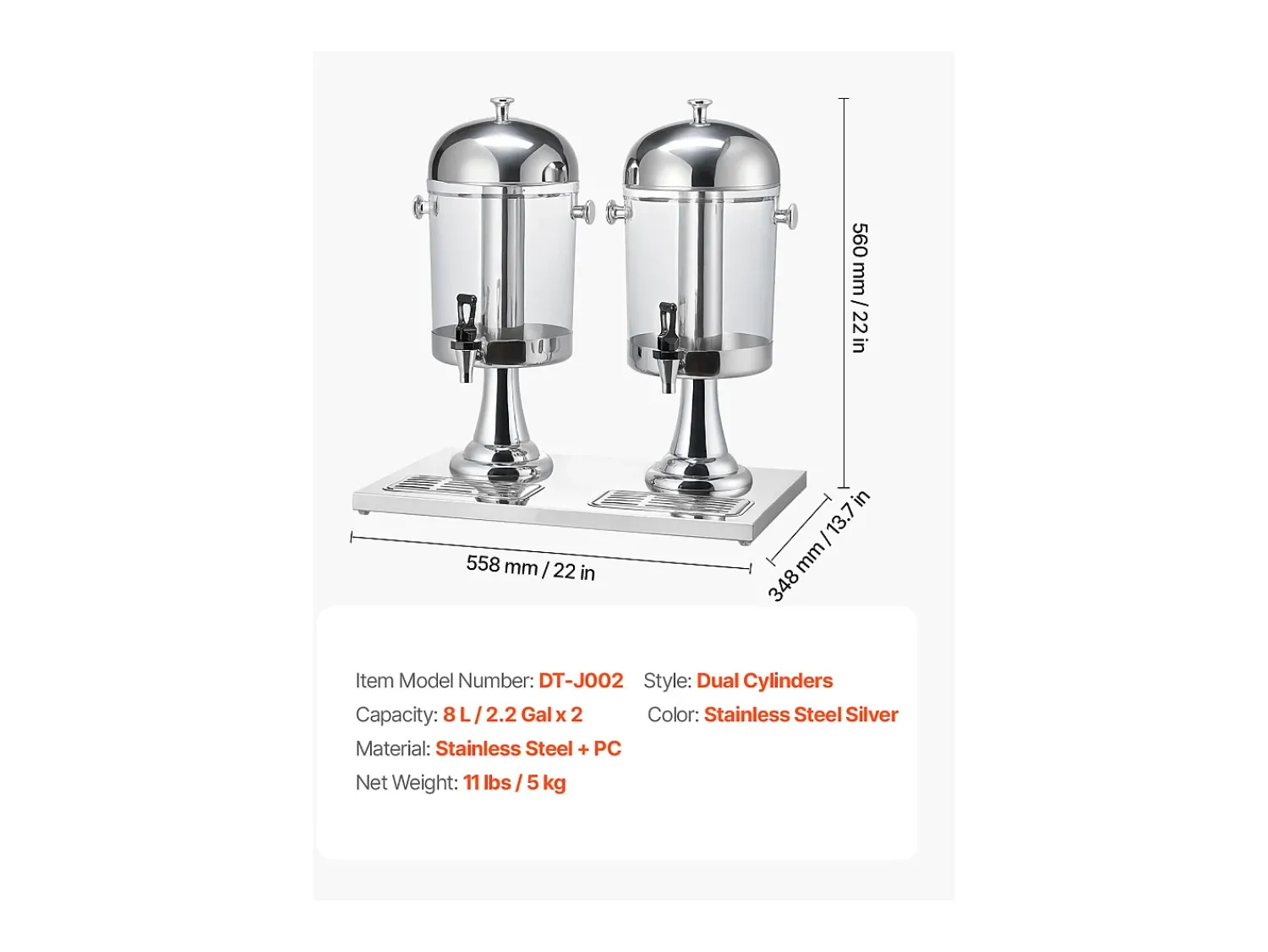 Clearance Distribuidor de Bebidas SucceBuy, Capacidade 2x 8 L, Fonte de Água em Aço Inoxidável e Plástico, Distribuição de Sumo, Limonada, Chá Gelado, Café Prateado