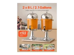 Clearance Distribuidor de Bebidas SucceBuy, Capacidade 2x 8 L, Fonte de Água em Aço Inoxidável e Plástico, Distribuição de Sumo, Limonada, Chá Gelado, Café Prateado