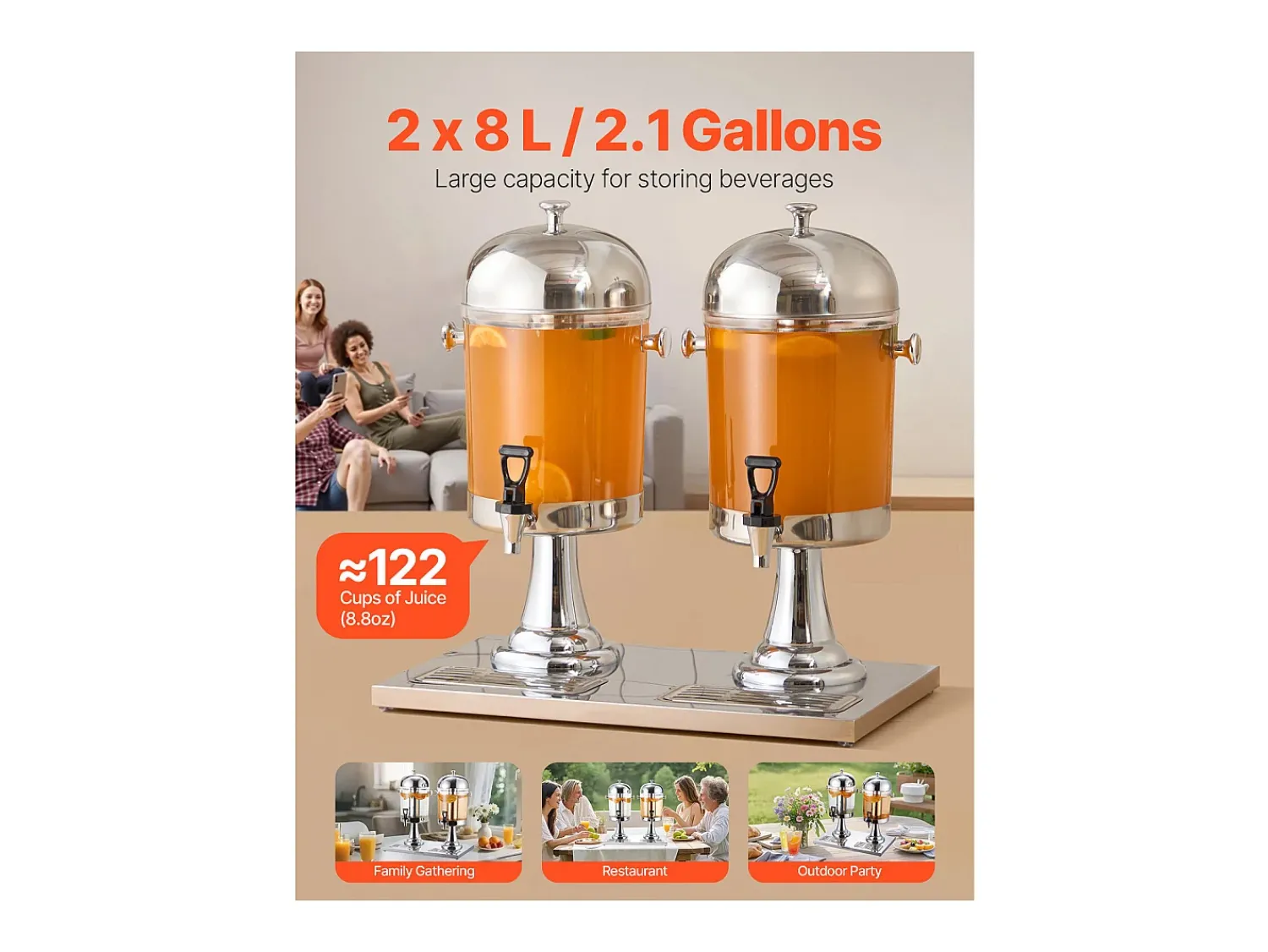 Clearance Distribuidor de Bebidas SucceBuy, Capacidade 2x 8 L, Fonte de Água em Aço Inoxidável e Plástico, Distribuição de Sumo, Limonada, Chá Gelado, Café Prateado