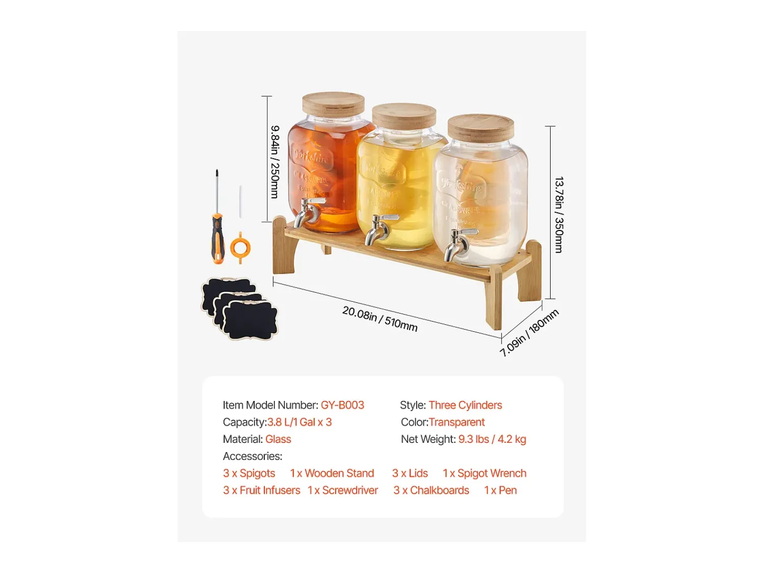 Distribuidor de Bebidas SucceBuy, Capacidade de 3,8 L, 3 Unidades, Fonte de Água em Vidro, Distribuição de Água, Sumo, Limonada, Chá Gelado, para Café^ Acessório Vinho E Bar