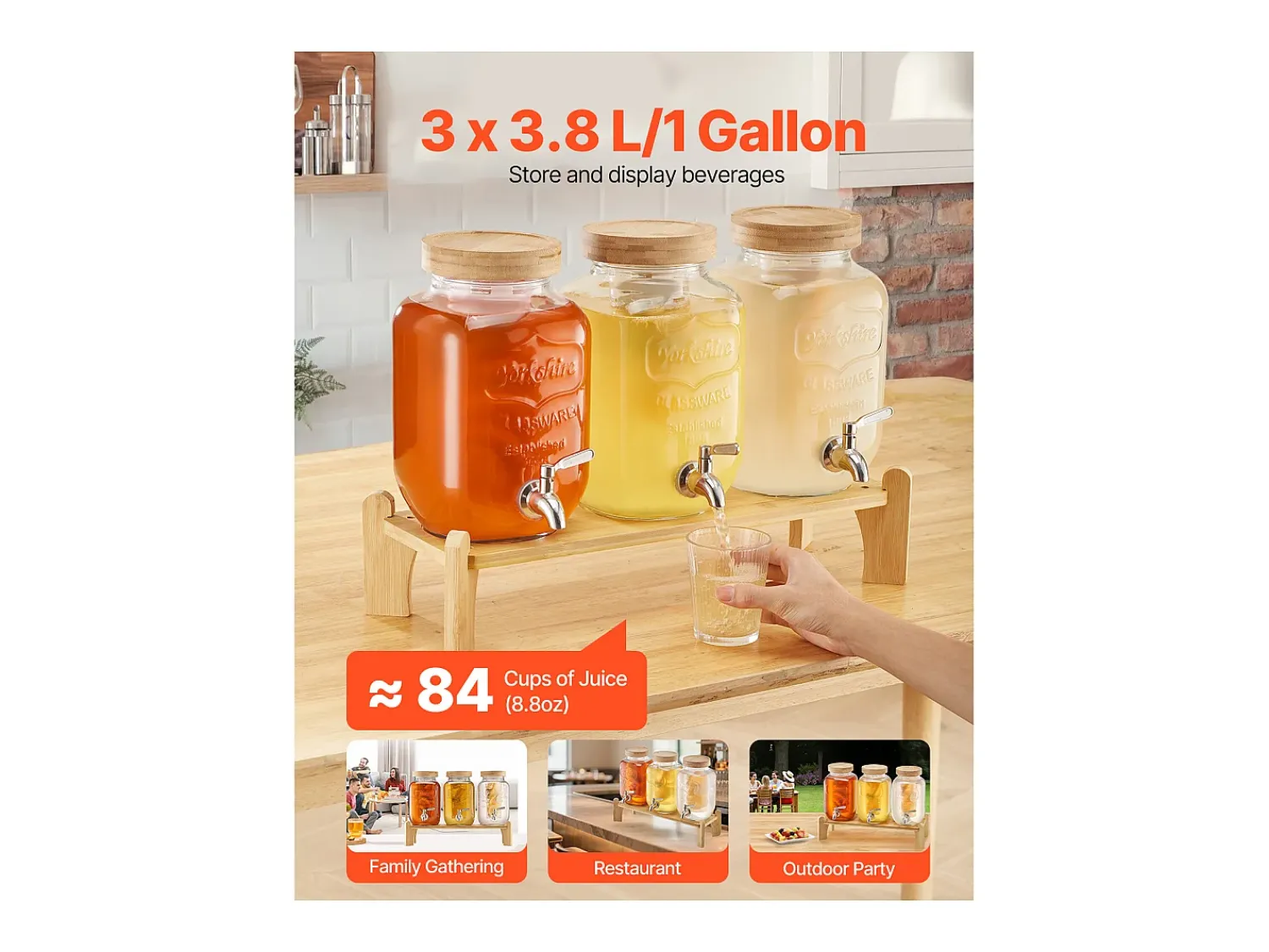 Distribuidor de Bebidas SucceBuy, Capacidade de 3,8 L, 3 Unidades, Fonte de Água em Vidro, Distribuição de Água, Sumo, Limonada, Chá Gelado, para Café^ Acessório Vinho E Bar