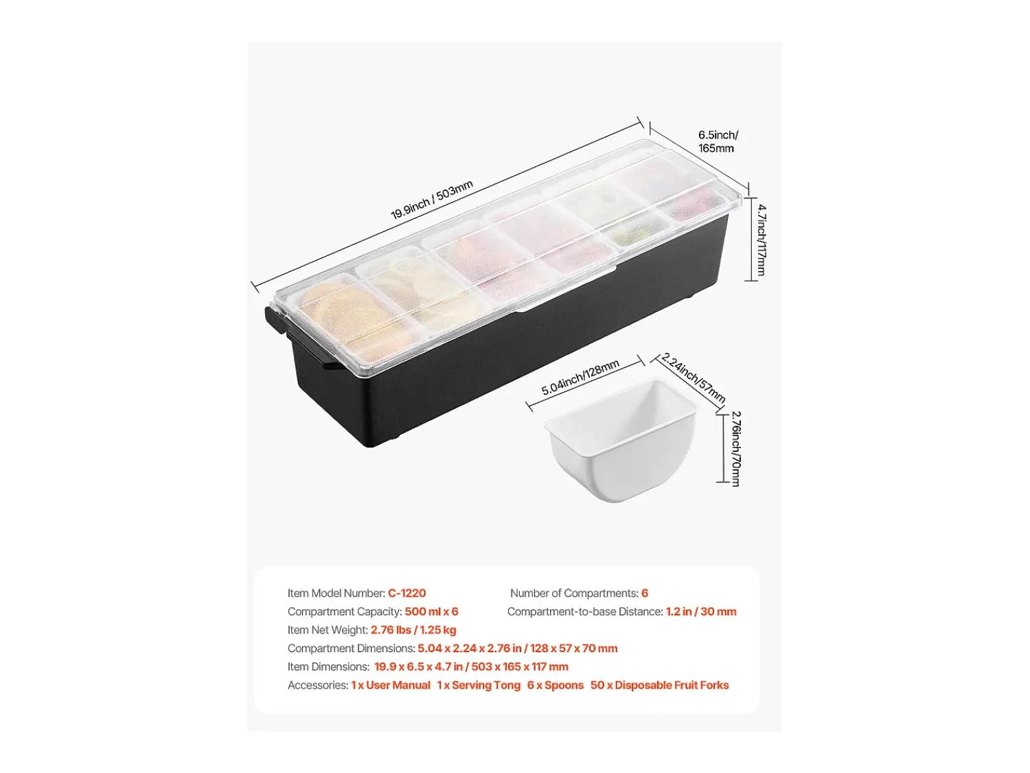 Acessório Vinho E Bar* Distribuidor de Temperos Refrigerado SucceBuy, com 6 Compartimentos e Tampa, 50,3x16,5x11,7 cm Preto