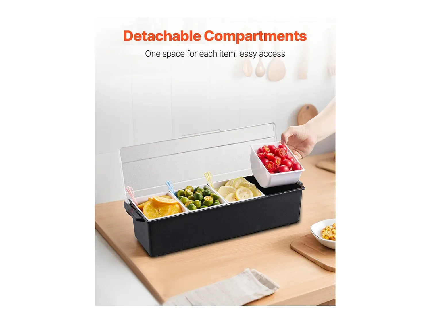 Best Distribuidor de Temperos Refrigerado SucceBuy, com 4 Compartimentos e Tampa, 50,3x16,5x11,7 cm Preto