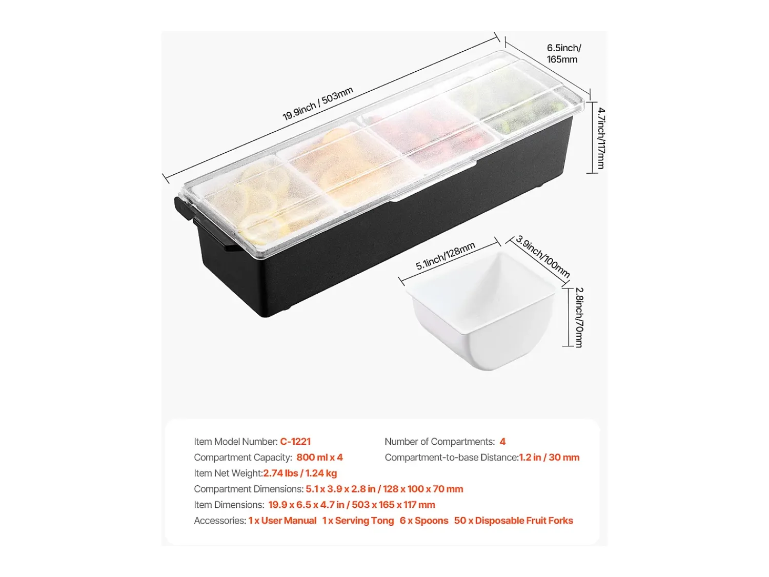 Best Distribuidor de Temperos Refrigerado SucceBuy, com 4 Compartimentos e Tampa, 50,3x16,5x11,7 cm Preto