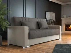 Dmora Divano letto 3 posti Sergio, Divano contenitore in ecopelle e tessuto, Sofà con apertura click-clack e 2 cuscini, 230x96h101 cm, Beige e Grigio^ Sofá