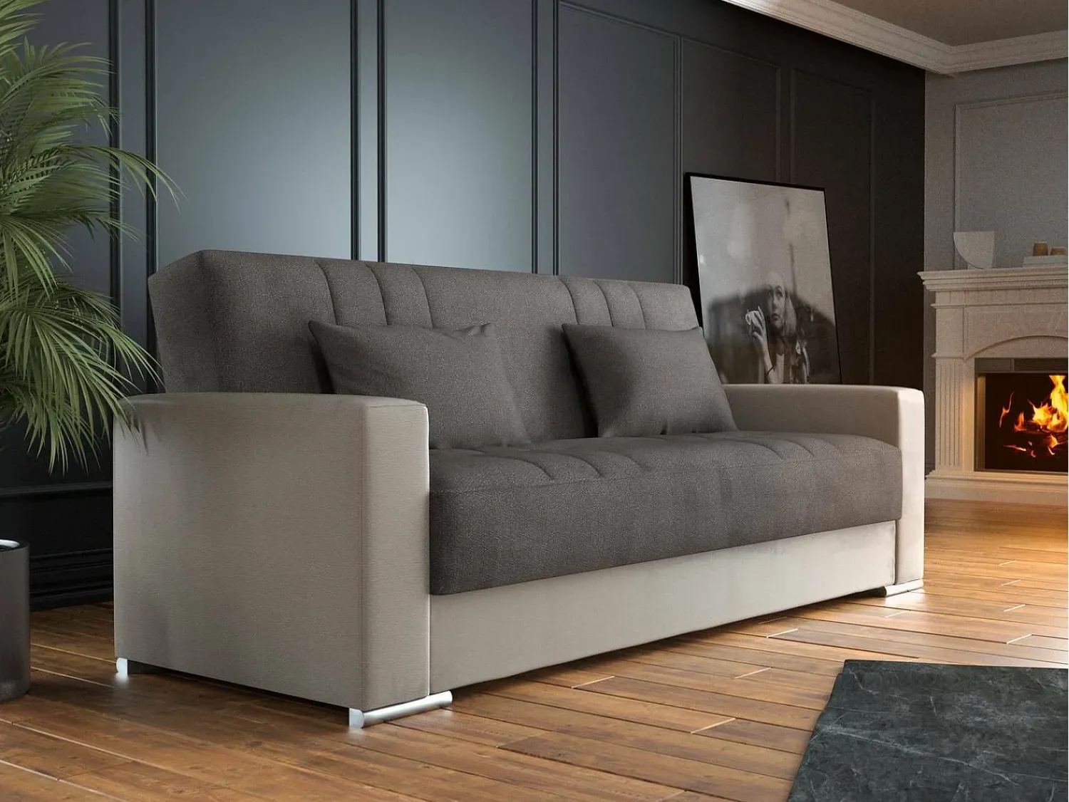 Dmora Divano letto 3 posti Sergio, Divano contenitore in ecopelle e tessuto, Sofà con apertura click-clack e 2 cuscini, 230x96h101 cm, Beige e Grigio^ Sofá