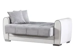 Sofá*Dmora Divano letto con penisola Pablito, Divano contenitore reversibile in ecopelle e tessuto, Sofà apertura click-clack, 163x84h91 cm, Bianco e Grigio Branco