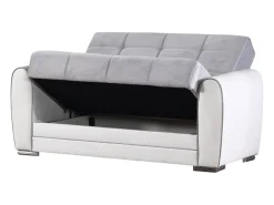 Sofá*Dmora Divano letto con penisola Pablito, Divano contenitore reversibile in ecopelle e tessuto, Sofà apertura click-clack, 163x84h91 cm, Bianco e Grigio Branco