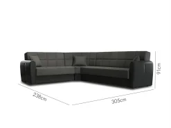 Dmora Divano letto con penisola Matias, Divano contenitore ad angolo in ecopelle e tessuto, Sofà con apertura click-clack, 305x238h91 cm, Nero e Verde Preto