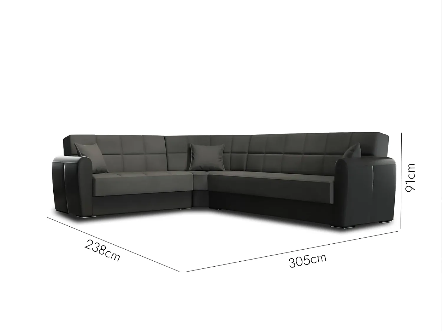 Dmora Divano letto con penisola Matias, Divano contenitore ad angolo in ecopelle e tessuto, Sofà con apertura click-clack, 305x238h91 cm, Nero e Verde Preto