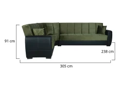 Dmora Divano letto con penisola Matias, Divano contenitore ad angolo in ecopelle e tessuto, Sofà con apertura click-clack, 305x238h91 cm, Nero e Verde Preto