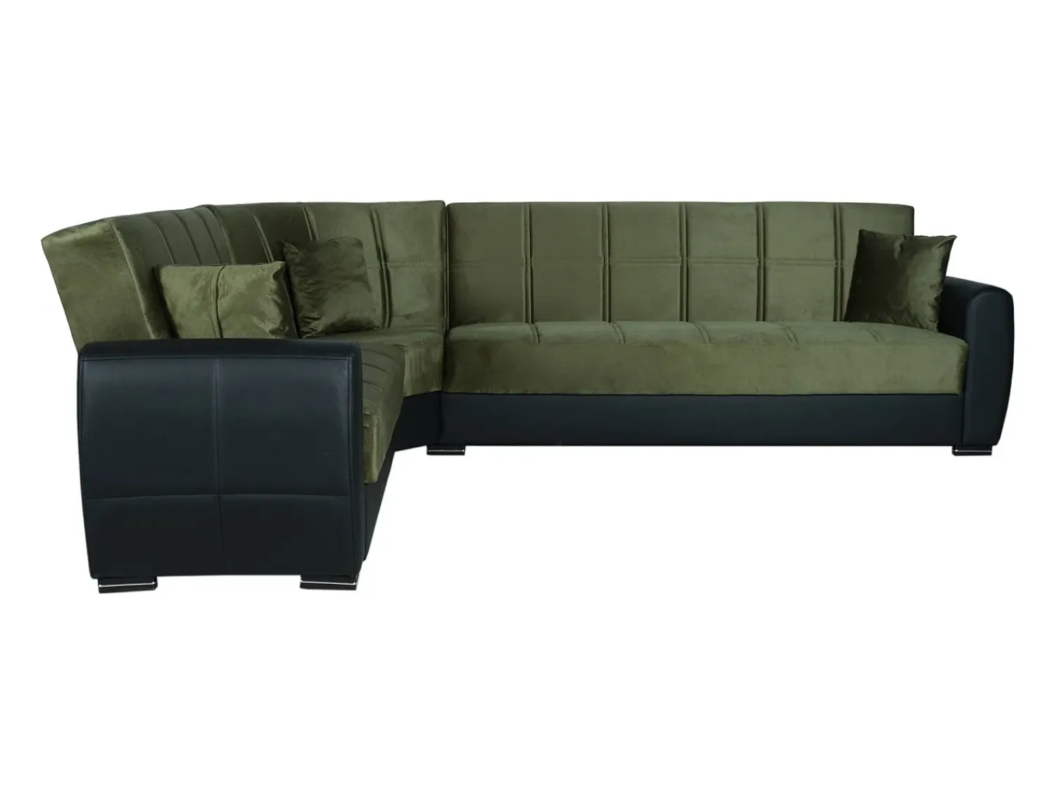 Dmora Divano letto con penisola Matias, Divano contenitore ad angolo in ecopelle e tessuto, Sofà con apertura click-clack, 305x238h91 cm, Nero e Verde Preto