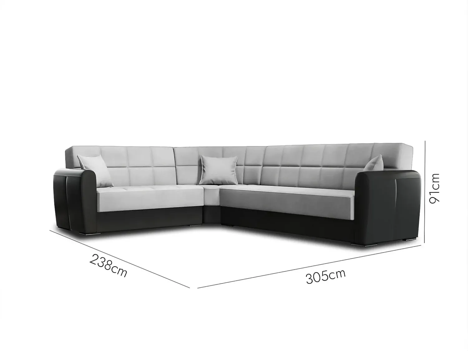 Discount Dmora Divano letto con penisola Matias, Divano contenitore in ecopelle e tessuto, Sofà con apertura click-clack, 305x238h91 cm, Nero e Grigio Chiaro Preto
