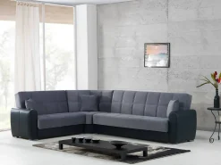 Best Dmora Divano letto con penisola Matias, Divano contenitore ad angolo in ecopelle e tessuto, Sofà con apertura click-clack, 305x238h91 cm, Nero e Grigio Preto