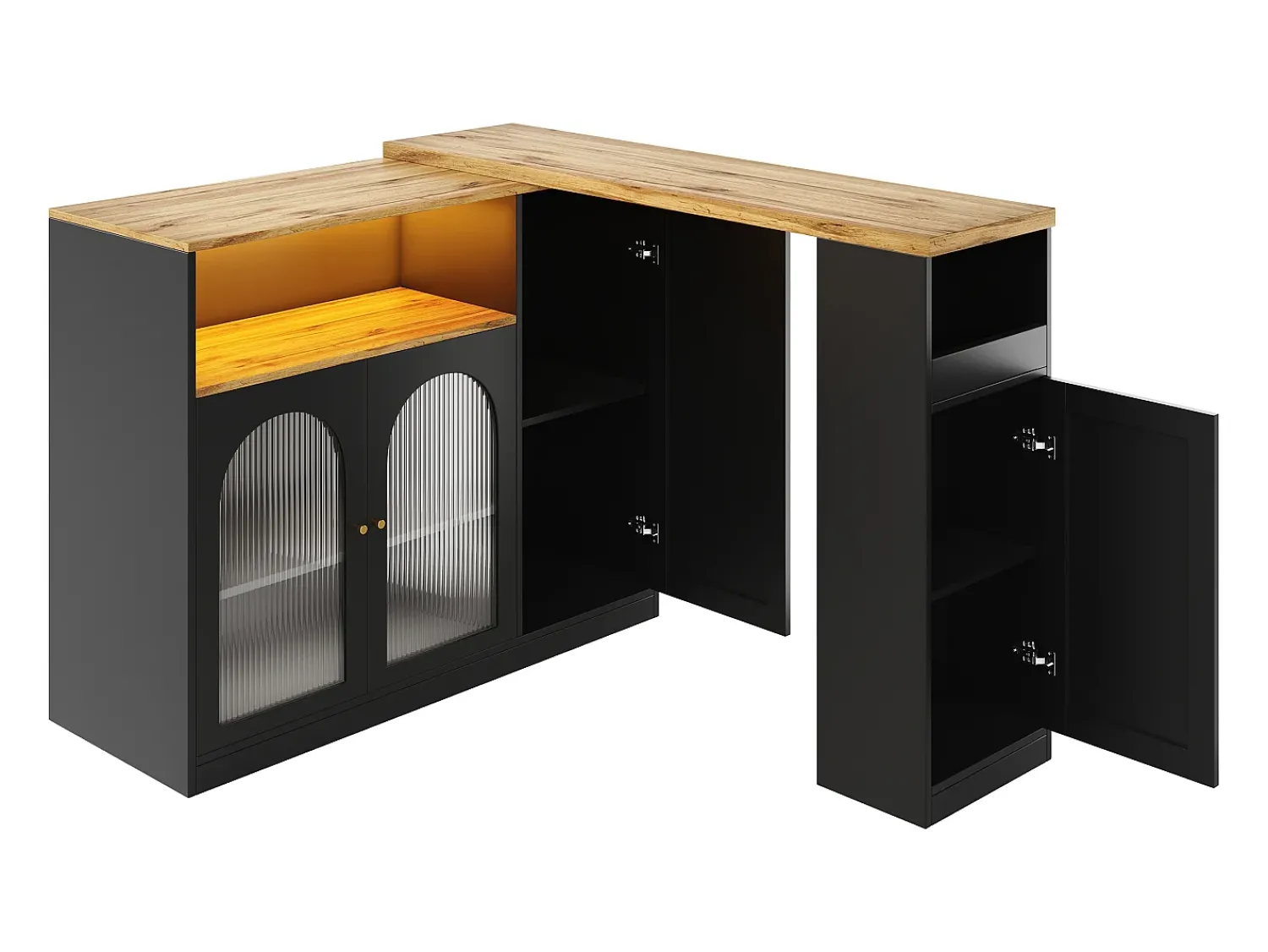 Hauss Spole Draaibare barkast met 4 deuren en LED-verlichting - Glazen deuren - Houtnerf bovenblad - Zwart^ Móvel De Bar