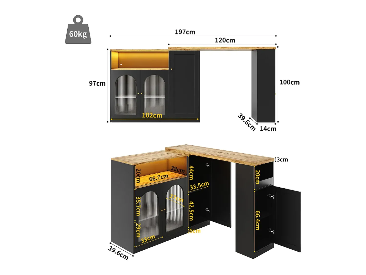 Hauss Spole Draaibare barkast met 4 deuren en LED-verlichting - Glazen deuren - Houtnerf bovenblad - Zwart^ Móvel De Bar