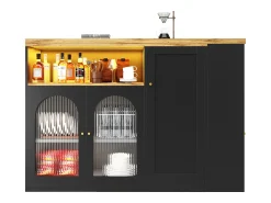 Hauss Spole Draaibare barkast met 4 deuren en LED-verlichting - Glazen deuren - Houtnerf bovenblad - Zwart^ Móvel De Bar