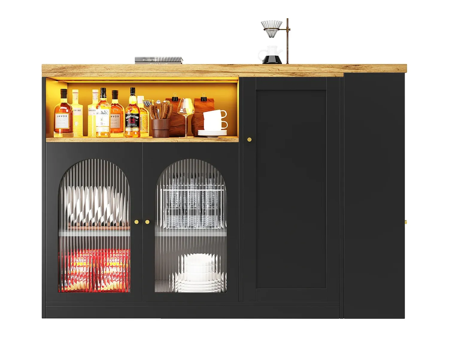 Hauss Spole Draaibare barkast met 4 deuren en LED-verlichting - Glazen deuren - Houtnerf bovenblad - Zwart^ Móvel De Bar