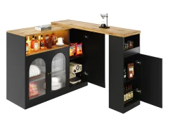 Hauss Spole Draaibare barkast met 4 deuren en LED-verlichting - Glazen deuren - Houtnerf bovenblad - Zwart^ Móvel De Bar