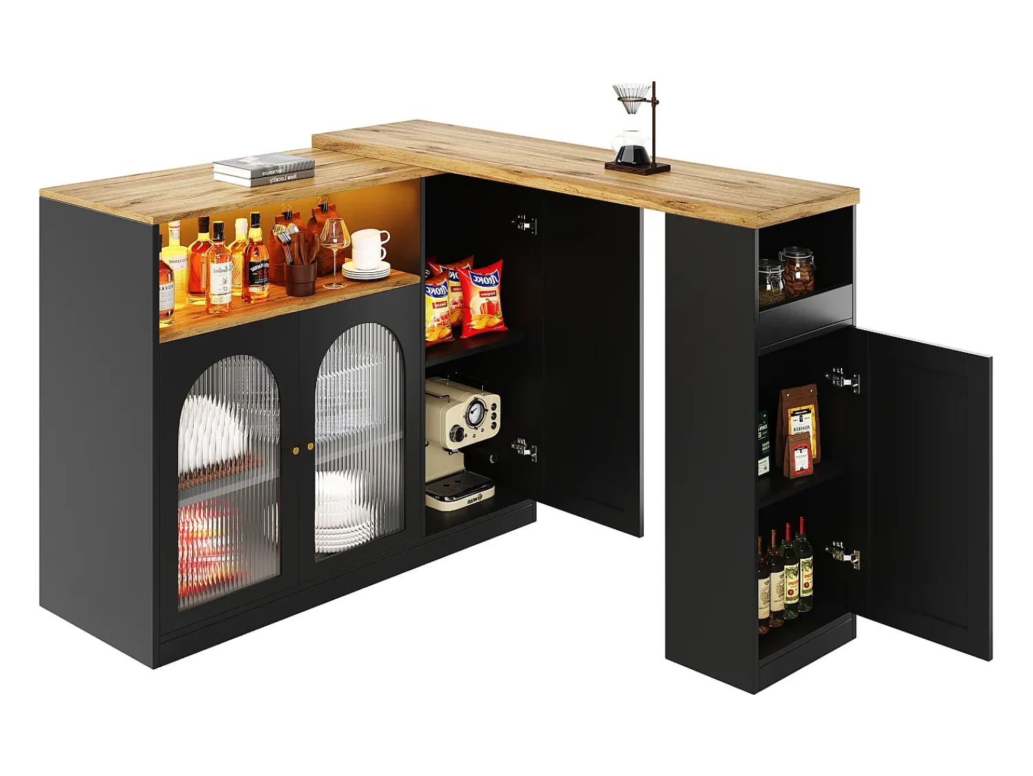 Hauss Spole Draaibare barkast met 4 deuren en LED-verlichting - Glazen deuren - Houtnerf bovenblad - Zwart^ Móvel De Bar