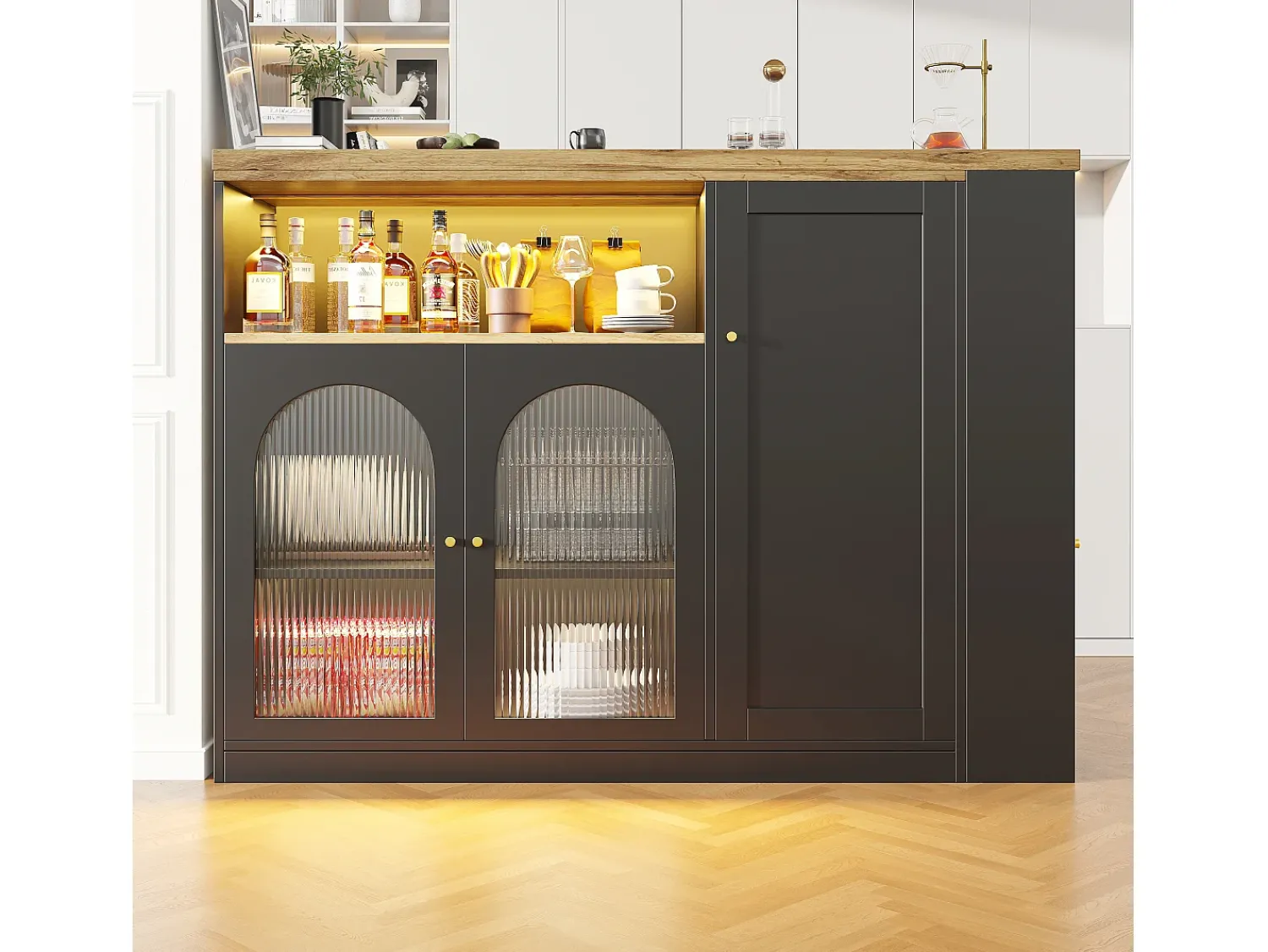 Hauss Spole Draaibare barkast met 4 deuren en LED-verlichting - Glazen deuren - Houtnerf bovenblad - Zwart^ Móvel De Bar