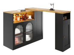 Hauss Spole Draaibare barkast met 4 deuren en LED-verlichting - Glazen deuren - Houtnerf bovenblad - Zwart^ Móvel De Bar